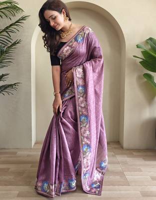 Pink embroidery work puretussar saree with  blouse piece 2