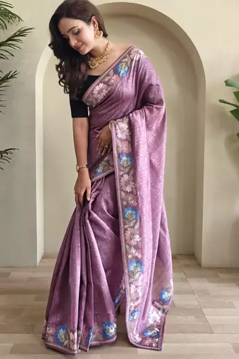 Pink embroidery work puretussar saree with  blouse piece
