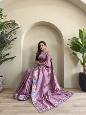 Pink embroidery work puretussar saree with  blouse piece 4