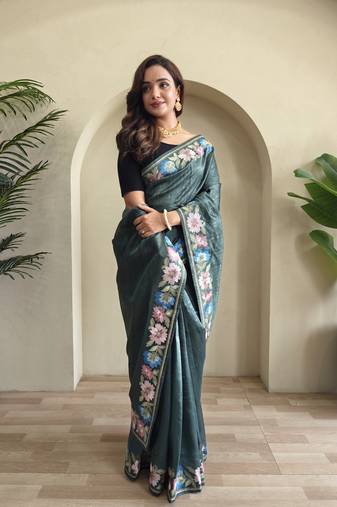 Green embroidery work puretussar saree with  blouse piece