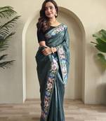 Green embroidery work puretussar saree with  blouse piece