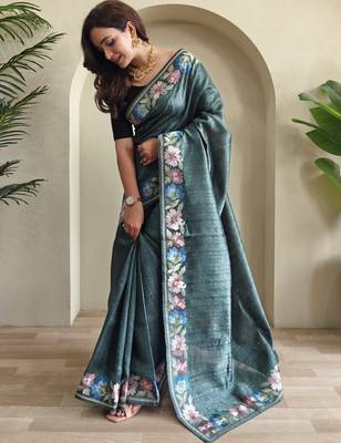 Green embroidery work puretussar saree with  blouse piece 2