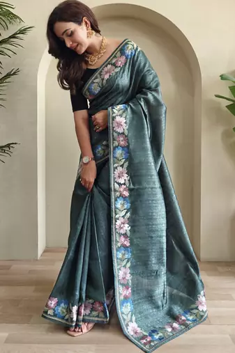 Green embroidery work puretussar saree with  blouse piece