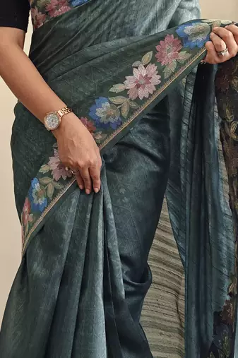 Green embroidery work puretussar saree with  blouse piece