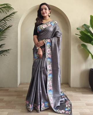 Grey embroidery work puretussar saree with  blouse piece 1