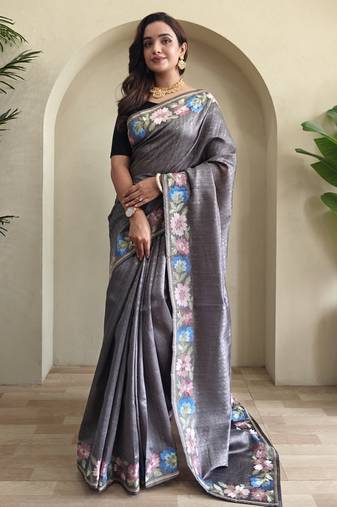 Grey embroidery work puretussar saree with  blouse piece