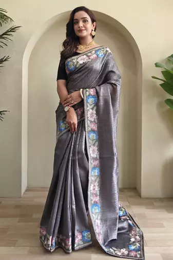 Grey embroidery work puretussar saree with  blouse piece