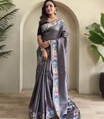 Grey embroidery work puretussar saree with  blouse piece