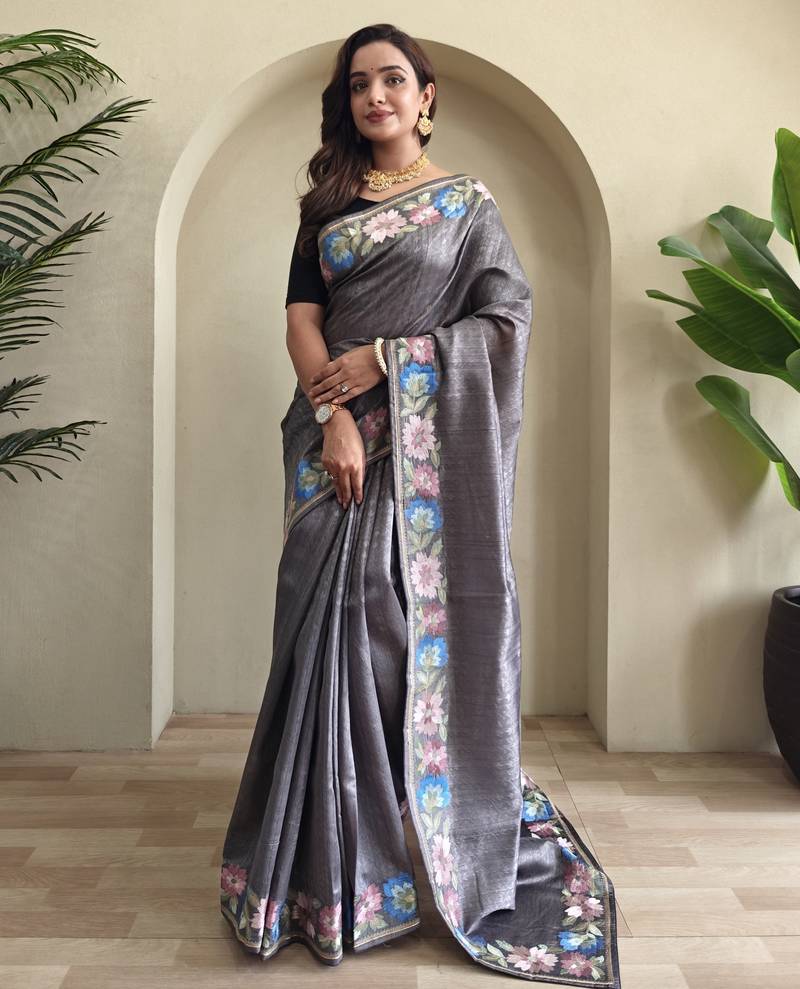 Grey embroidery work puretussar saree with  blouse piece