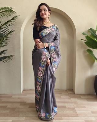 Grey embroidery work puretussar saree with  blouse piece 2