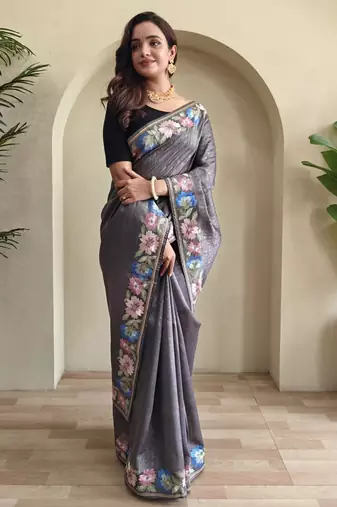 Grey embroidery work puretussar saree with  blouse piece