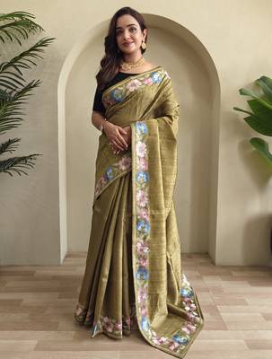 Musterd embroidery work puretussar saree with  blouse piece 1