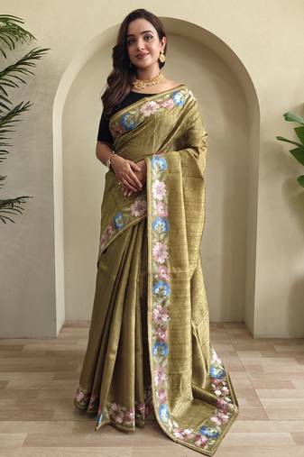 Musterd embroidery work puretussar saree with  blouse piece