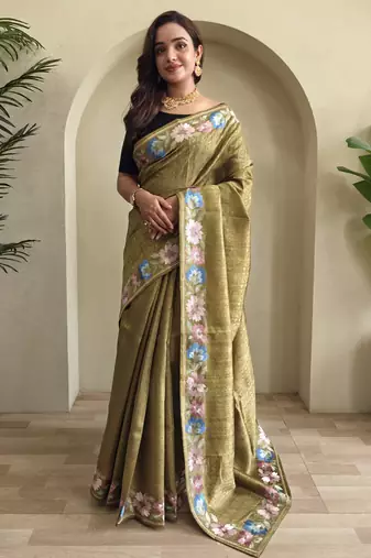 Musterd embroidery work puretussar saree with  blouse piece