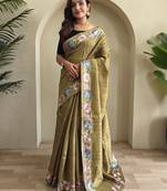 Musterd embroidery work puretussar saree with  blouse piece