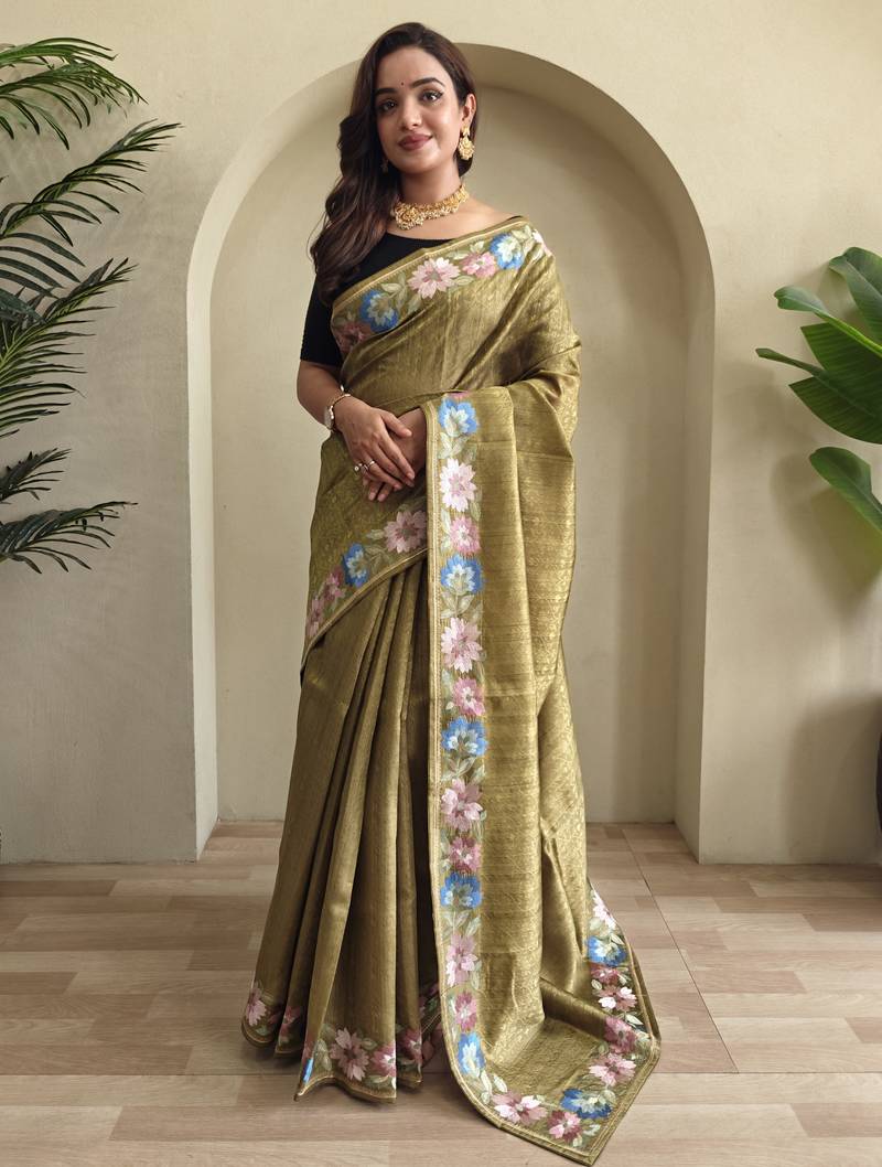 Musterd embroidery work puretussar saree with  blouse piece