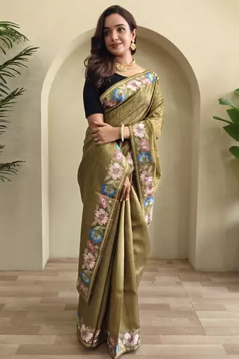 Musterd embroidery work puretussar saree with  blouse piece