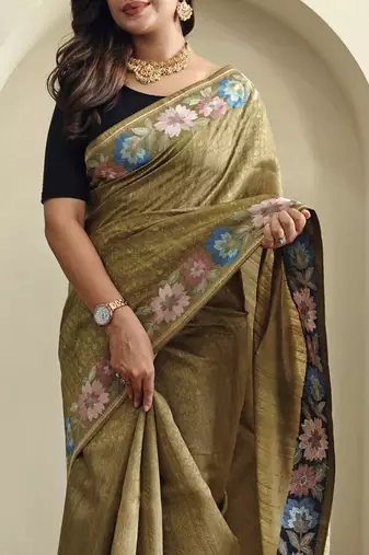 Musterd embroidery work puretussar saree with  blouse piece