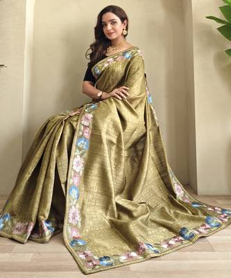 Musterd embroidery work puretussar saree with  blouse piece 4