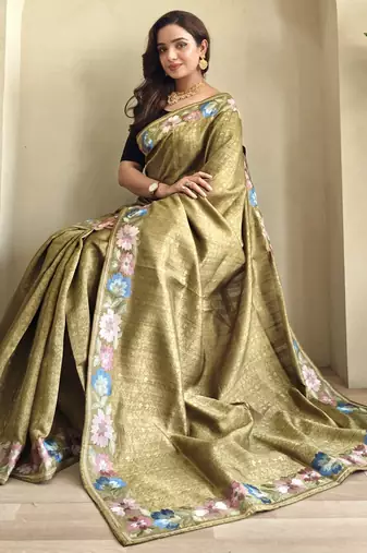 Musterd embroidery work puretussar saree with  blouse piece