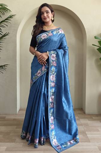 Blue embroidery work puretussar saree with  blouse piece