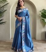 Blue embroidery work puretussar saree with  blouse piece