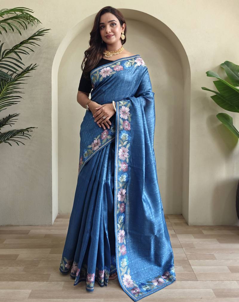 Blue embroidery work puretussar saree with  blouse piece