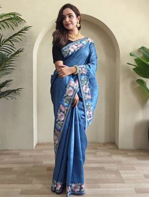 Blue embroidery work puretussar saree with  blouse piece 2