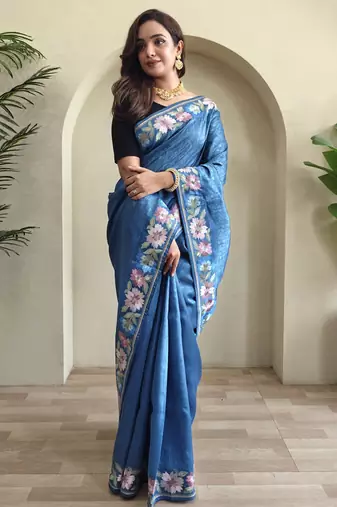 Blue embroidery work puretussar saree with  blouse piece