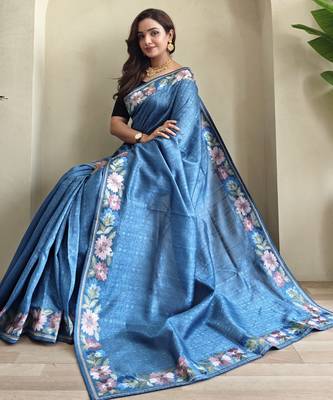Blue embroidery work puretussar saree with  blouse piece 4