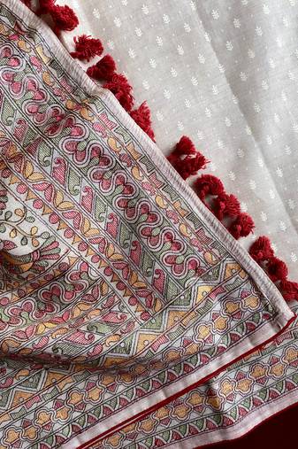 Off white embroidery work tussar silk_blend saree with  blouse piece