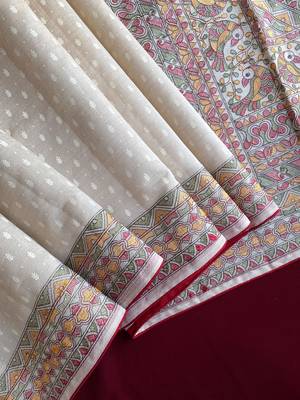 Off white embroidery work tussar silk_blend saree with  blouse piece 4
