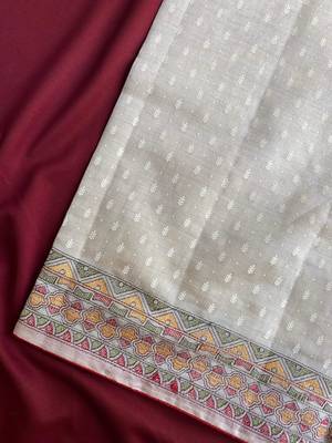 Off white embroidery work tussar silk_blend saree with  blouse piece 5