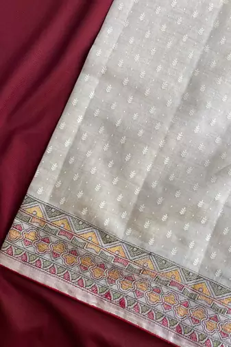 Off white embroidery work tussar silk_blend saree with  blouse piece