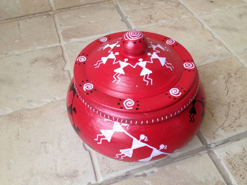 Red, Black and White Handmade Hand Painted Terra Cotta Utility Bowl + Lid with Warli design