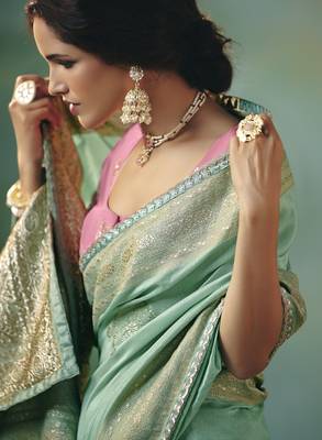 Light sea green zari woven silk blend viscose dola silk saree with blouse 2