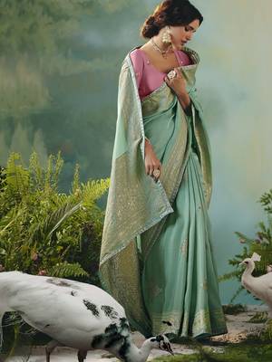 Light sea green zari woven silk blend viscose dola silk saree with blouse 3