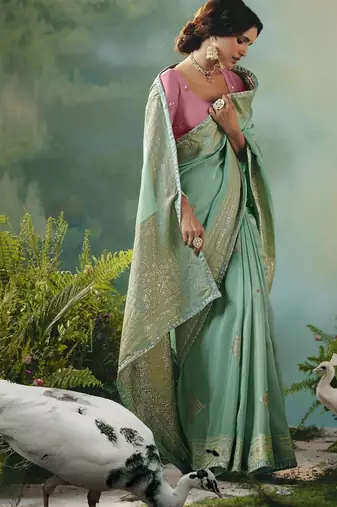Light sea green zari woven silk blend viscose dola silk saree with blouse