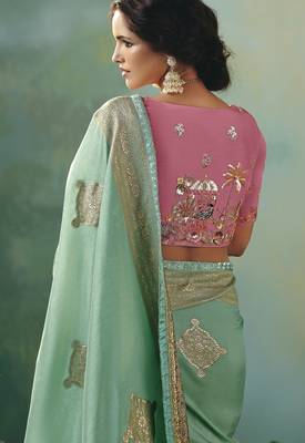 Light sea green zari woven silk blend viscose dola silk saree with blouse 4