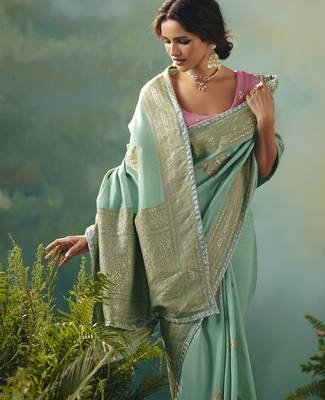 Light sea green zari woven silk blend viscose dola silk saree with blouse 5