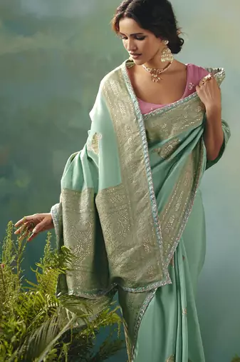 Light sea green zari woven silk blend viscose dola silk saree with blouse