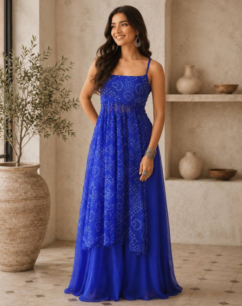 Blue Gorgette printed 2 piece set