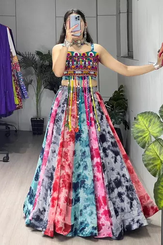 multi shibori prints lehenga with fancy top - full stitched free size