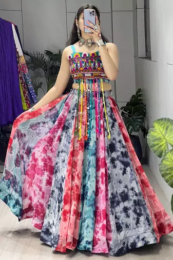 multi shibori prints lehenga with fancy top - full stitched free size