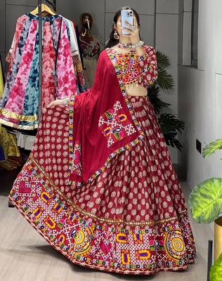 maroon ajarakh prints navratri lehenga choli & dupatta - full stitched free size 2