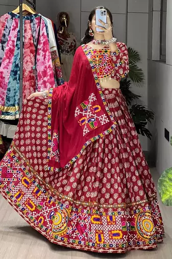 maroon ajarakh prints navratri lehenga choli & dupatta - full stitched free size