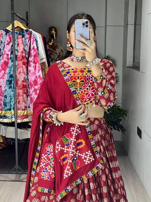 maroon ajarakh prints navratri lehenga choli & dupatta - full stitched free size 4