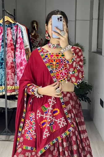 maroon ajarakh prints navratri lehenga choli & dupatta - full stitched free size