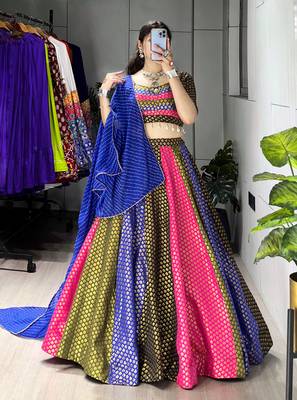 multi kali jacquard silk weaving lehenga chloi with dupatta - full stitched free size 1
