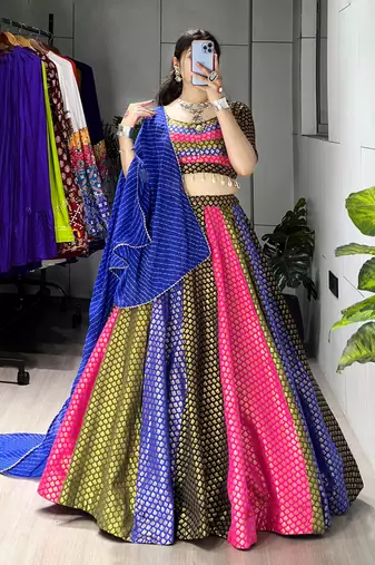 multi kali jacquard silk weaving lehenga chloi with dupatta - full stitched free size